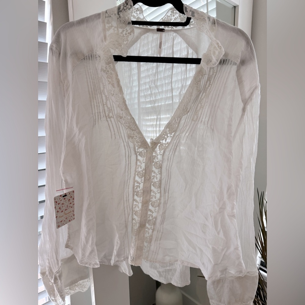 Free People White Sheer Lace-Trim Blouse - Picture 8 of 8